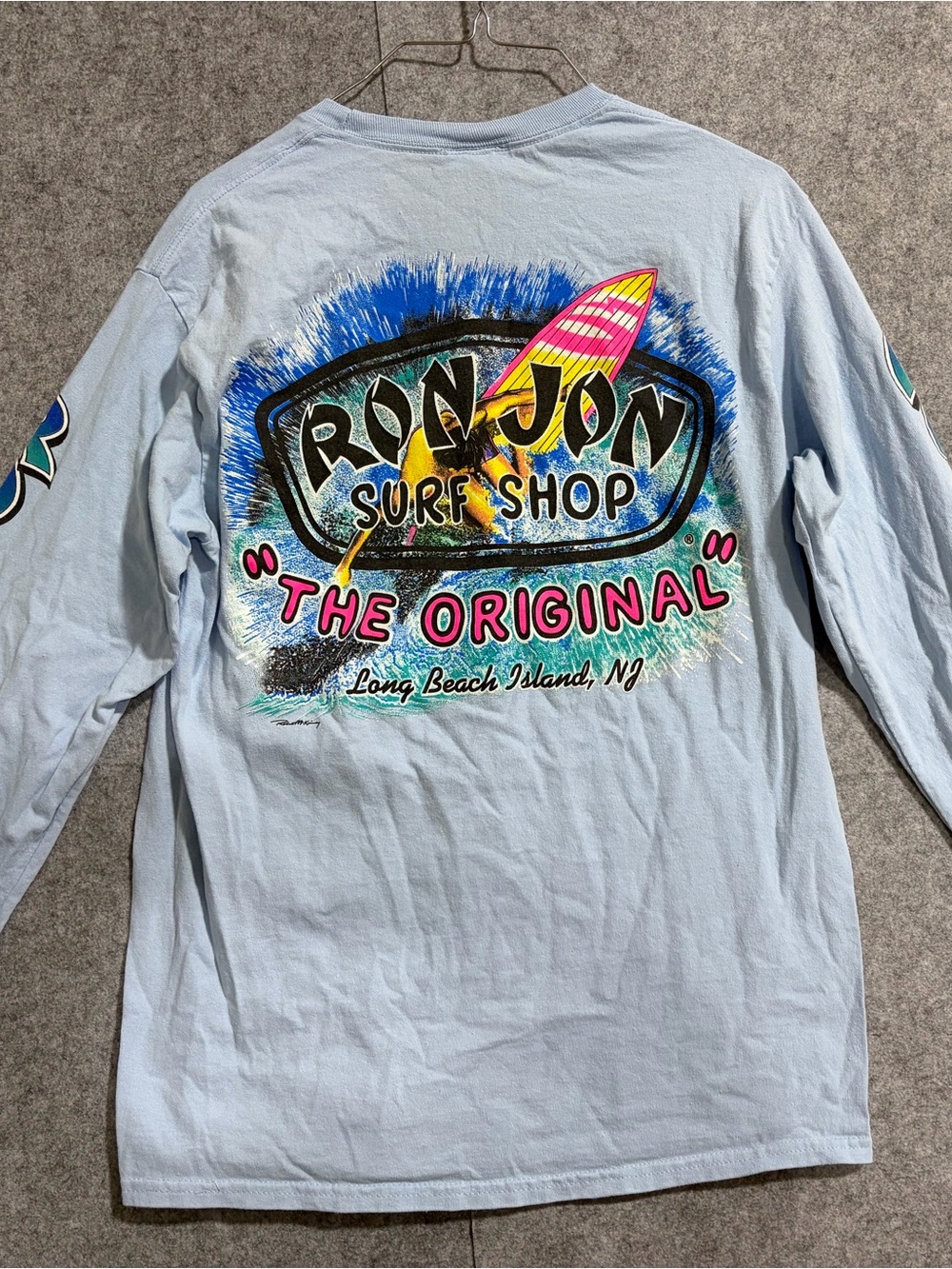 Ron Jon Surf Shop Light Blue Tee with Neon Surfboard Graphic